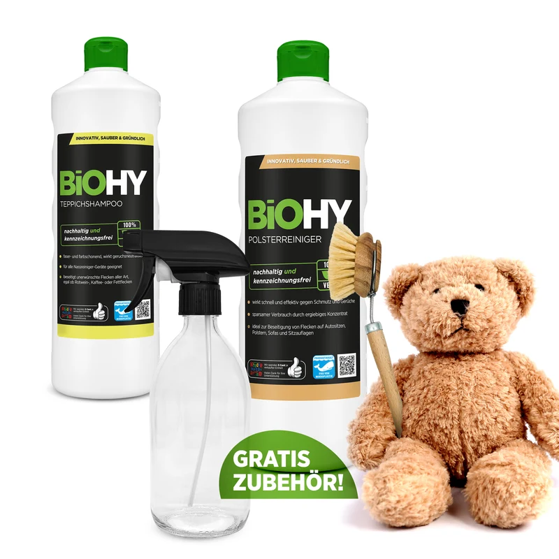 BiOHY Kit moelleux + accessoires, nettoyant pour meubles rembourrés, nettoyant pour tapis, vaporisateur, brosse à vaisselle