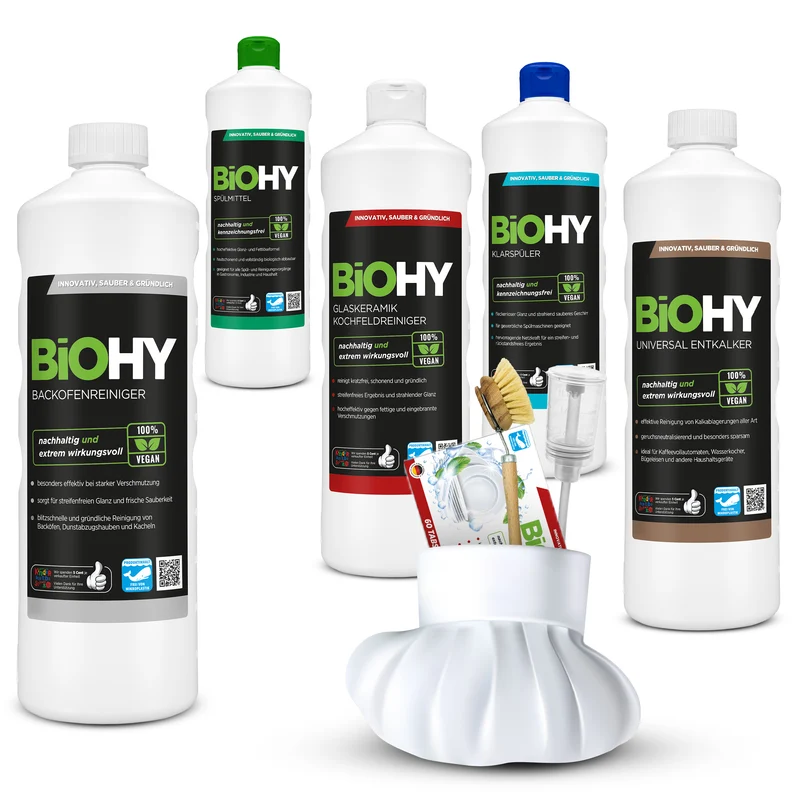 Kit complet BiOHY Chef + accessoires, liquide vaisselle, pastilles pour lave-vaisselle, produit de rinçage, détartrant universel, nettoyant pour plaques vitrocéramiques, nettoyant pour four, brosse à vaisselle, doseur
