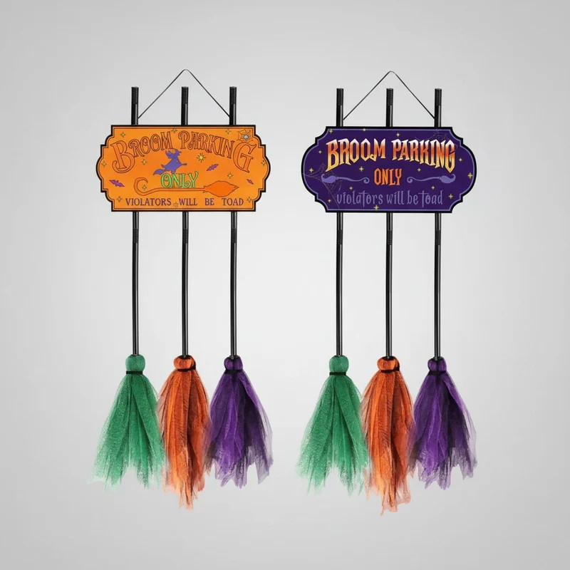 Halloween Hanging Decoration with a Sign and Tulle Brooms for the Garden