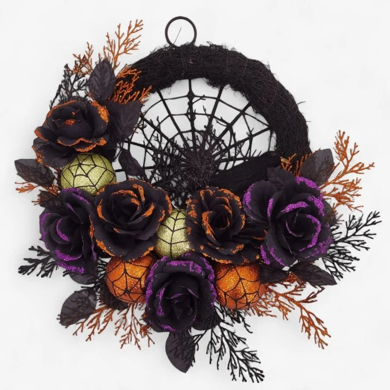 Halloween Decorative Wreath with Artificial Roses and Cobweb for the Door