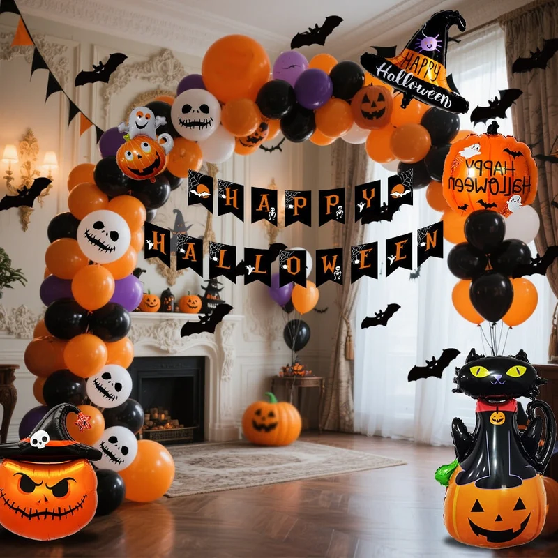 Halloween Latex and Foil Balloon Set with Garland Banner for Decoration