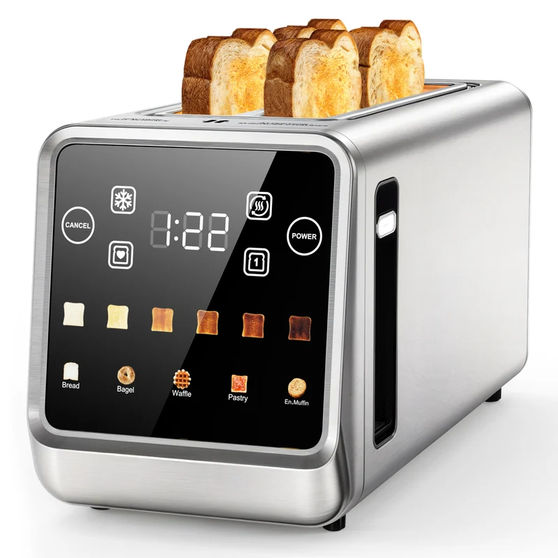 Teendow 4 Slice Toaster Touch Screen 1.5" Wide Slot, 1400W Stainless Steel Smart Bread Toaster for 5 Bread Modes